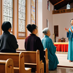 **

A modern Chinese church interior. A diverse group of women are leading a service. One woman is preaching at the pulpit, another is playing a guitar, and several others are serving as elders, all while bathed in soft light. The atmosphere is empowering and inclusive.

**