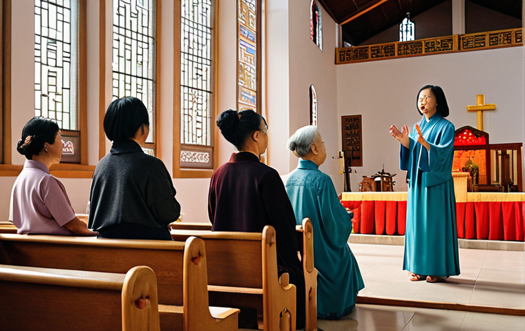 **

A modern Chinese church interior. A diverse group of women are leading a service. One woman is preaching at the pulpit, another is playing a guitar, and several others are serving as elders, all while bathed in soft light. The atmosphere is empowering and inclusive.

**