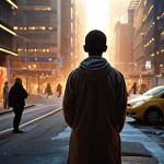 **Prompt 1: Inner Peace Amidst Modern Chaos**
    A lone modern individual, appearing contemplative and serene, stands illuminated by a soft, warm light emanating from within or above, symbolizing faith. Around them, the blurred, fast-paced elements of a chaotic urban landscape and digital information streams subtly recede into the background, signifying clarity and inner peace found amidst worldly confusion. The overall mood is hopeful and tranquil.