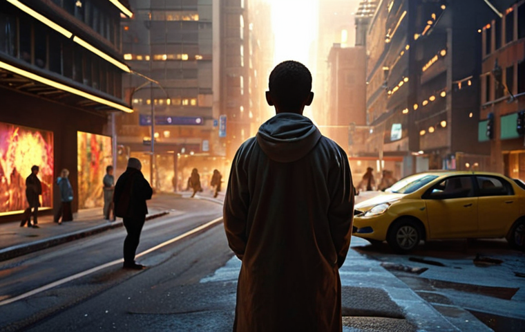 **Prompt 1: Inner Peace Amidst Modern Chaos**
    A lone modern individual, appearing contemplative and serene, stands illuminated by a soft, warm light emanating from within or above, symbolizing faith. Around them, the blurred, fast-paced elements of a chaotic urban landscape and digital information streams subtly recede into the background, signifying clarity and inner peace found amidst worldly confusion. The overall mood is hopeful and tranquil.
