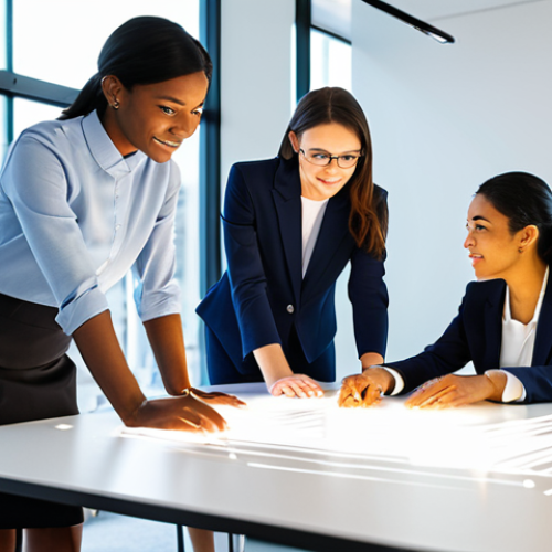 A diverse team of four professionals, comprising two men and two women of varying ethnicities, is depicted in a modern, brightly lit collaboration hub. They are actively engaged in a dynamic brainstorming session around an interactive table. Subtle, flowing light trails and interconnected lines are visually incorporated, symbolizing their interwoven ideas and collaborative spirit. All subjects are fully clothed in professional business attire, modest clothing, and appropriate dress. The image is captured with professional photography, high-resolution, sharp focus, and natural light. Perfect anatomy, correct proportions, well-formed hands, proper finger count, natural body proportions, natural pose. Safe for work, appropriate content, fully clothed, professional.