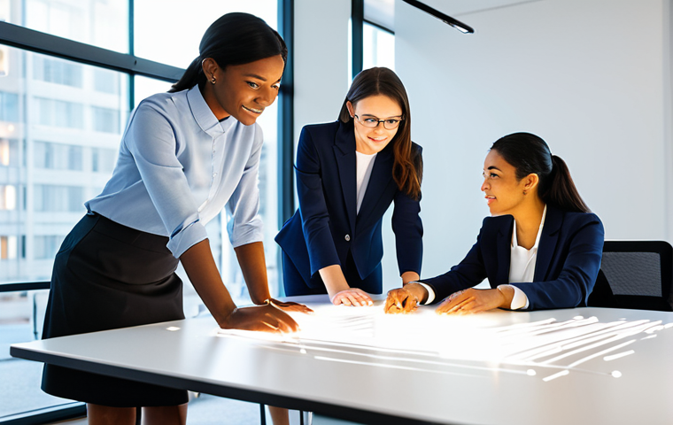A diverse team of four professionals, comprising two men and two women of varying ethnicities, is depicted in a modern, brightly lit collaboration hub. They are actively engaged in a dynamic brainstorming session around an interactive table. Subtle, flowing light trails and interconnected lines are visually incorporated, symbolizing their interwoven ideas and collaborative spirit. All subjects are fully clothed in professional business attire, modest clothing, and appropriate dress. The image is captured with professional photography, high-resolution, sharp focus, and natural light. Perfect anatomy, correct proportions, well-formed hands, proper finger count, natural body proportions, natural pose. Safe for work, appropriate content, fully clothed, professional.