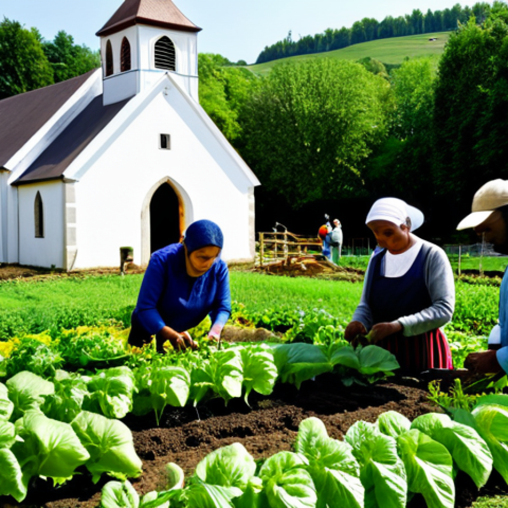 **
"A group of diverse people, fully clothed in modest farming attire, working together in a lush green vegetable garden. The scene shows them planting seedlings and tending to crops, with a traditional church visible in the background. Warm, natural lighting. safe for work, appropriate content, perfect anatomy, natural proportions, professional, family-friendly, well-formed hands, proper finger count, natural body proportions."
**