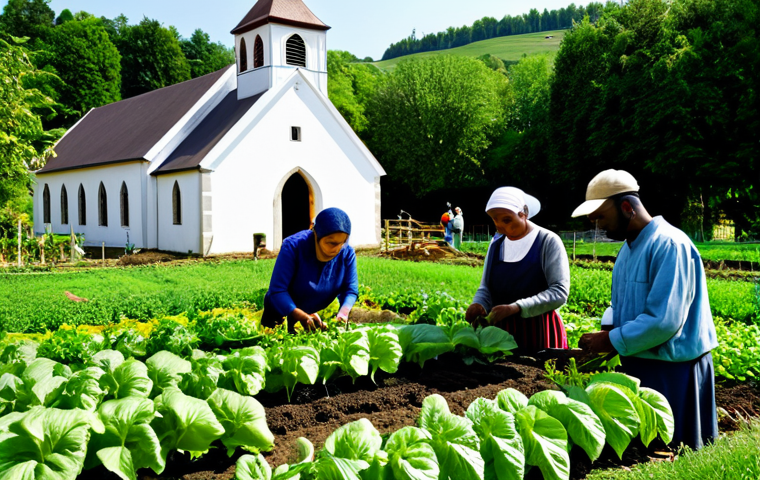 **

"A group of diverse people, fully clothed in modest farming attire, working together in a lush green vegetable garden. The scene shows them planting seedlings and tending to crops, with a traditional church visible in the background. Warm, natural lighting. safe for work, appropriate content, perfect anatomy, natural proportions, professional, family-friendly, well-formed hands, proper finger count, natural body proportions."

**
