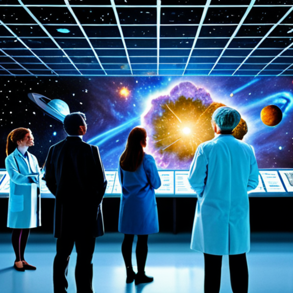 **
"A diverse group of scientists, fully clothed in lab coats, gazing at a holographic projection of the cosmos, displaying galaxies and nebulae. Background shows a modern research facility. Safe for work, appropriate content, perfect anatomy, correct proportions, professional environment, modest attire, family-friendly, high resolution, detailed."
**