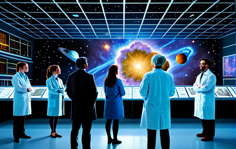 **

"A diverse group of scientists, fully clothed in lab coats, gazing at a holographic projection of the cosmos, displaying galaxies and nebulae. Background shows a modern research facility. Safe for work, appropriate content, perfect anatomy, correct proportions, professional environment, modest attire, family-friendly, high resolution, detailed."

**