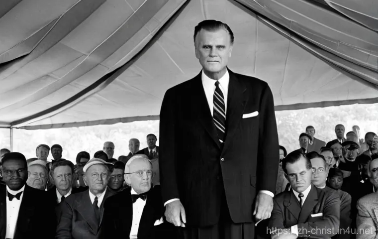 빌리 그레이엄의 전도 - **The Grand Crusade:** A sweeping panoramic view of a massive Billy Graham crusade from the mid-20th...