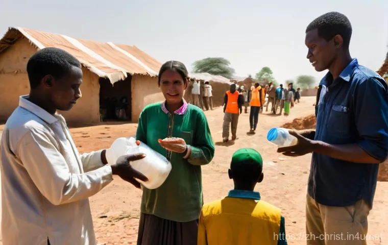 기독교와 국제 외교 - **Prompt: Christian Humanitarian Aid in a Village**

    A realistic, high-resolution photo of a div...