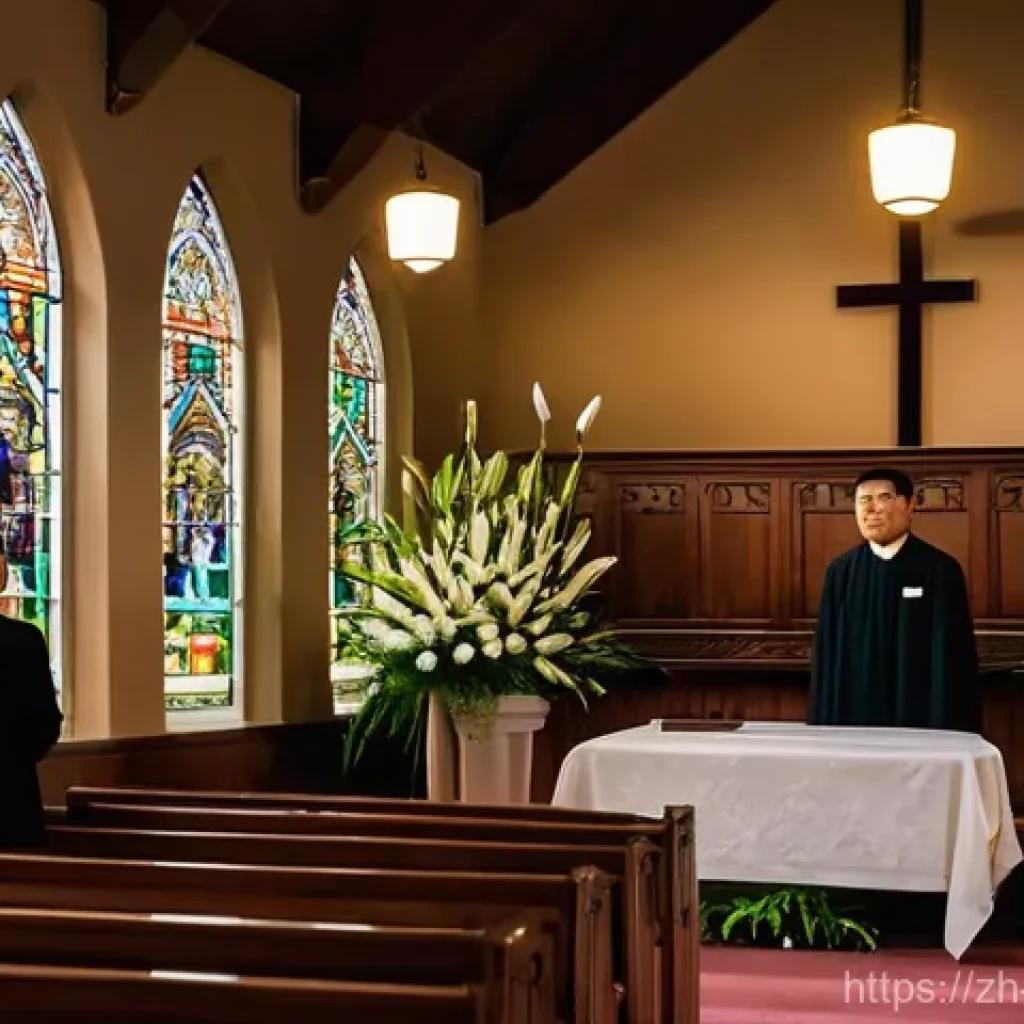 기독교 장례식 의식 - **Prompt:** "A solemn yet comforting Christian memorial service taking place inside a beautifully ad...