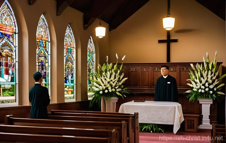 기독교 장례식 의식 - **Prompt:** "A solemn yet comforting Christian memorial service taking place inside a beautifully ad...