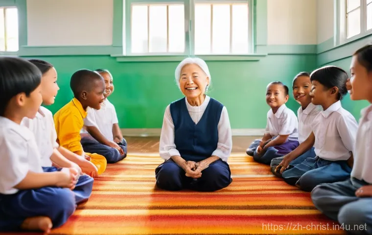 기독교와 은퇴 사역 - **Prompt 1: Joyful Intergenerational Teaching in a Bright Church Setting**
    "A heartwarming scene...