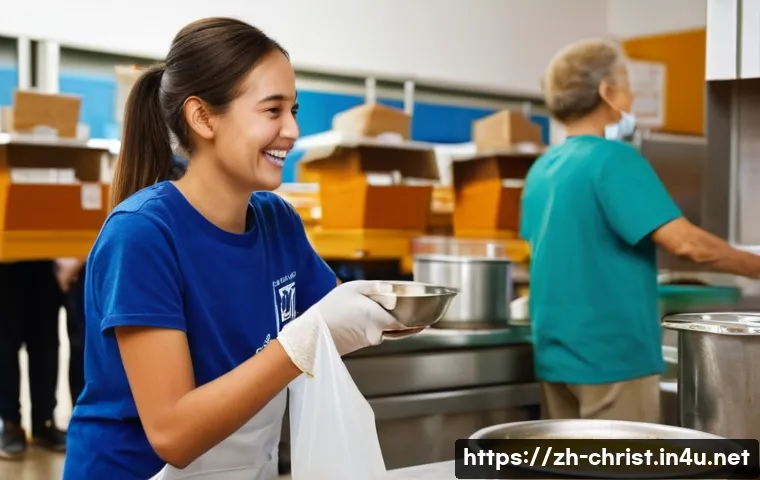 기독교와 물질적 지원 - **A young woman in her early 20s is volunteering at a local soup kitchen. She wears a simple t-shirt...