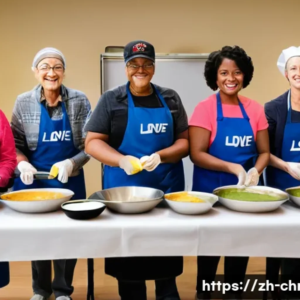 기독교와 정치 이슈 - **Image Prompt:** A diverse group of people of different ages and ethnicities volunteering at a comm...