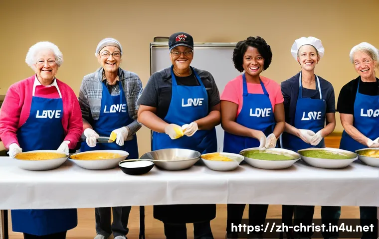 기독교와 정치 이슈 - **Image Prompt:** A diverse group of people of different ages and ethnicities volunteering at a comm...
