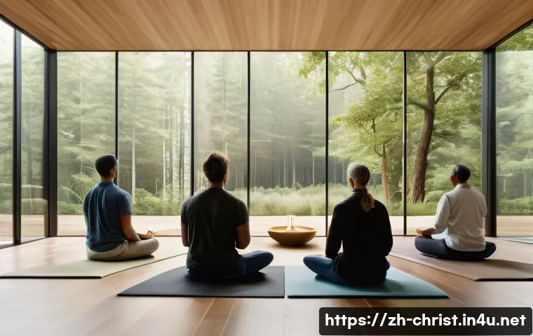 기독교와 심리학적 접근 - A serene scene depicting a peaceful meditation room with soft natural light filtering through large ...