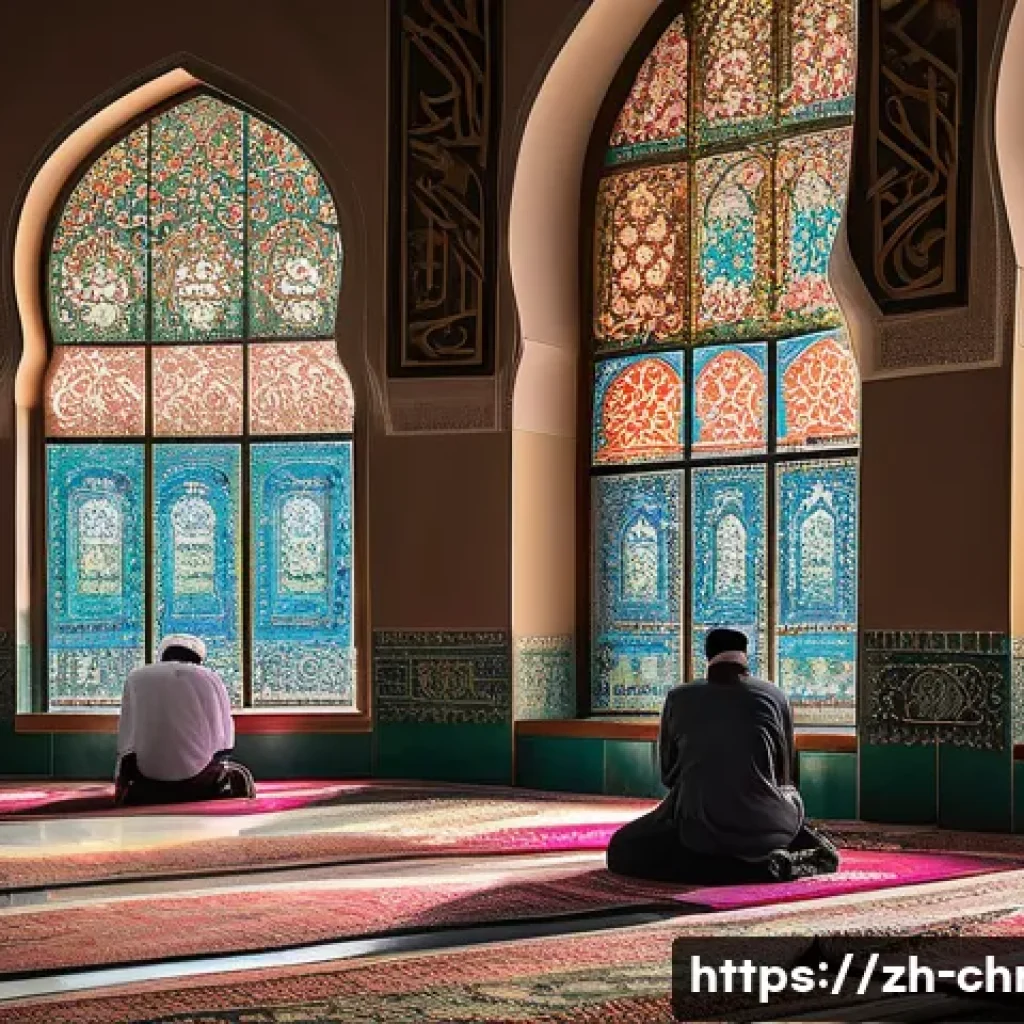 이슬람교와 기독교 - A detailed and vibrant depiction of a traditional Islamic mosque interior during prayer time, featur...