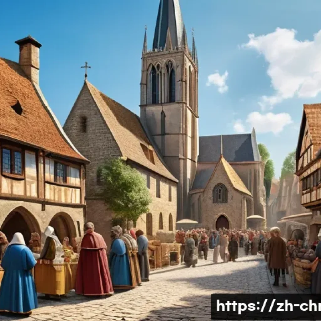 중세 기독교 사회 - A detailed medieval European village scene centered around a stone church with a tall Gothic spire a...
