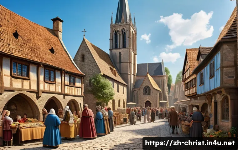 중세 기독교 사회 - A detailed medieval European village scene centered around a stone church with a tall Gothic spire a...