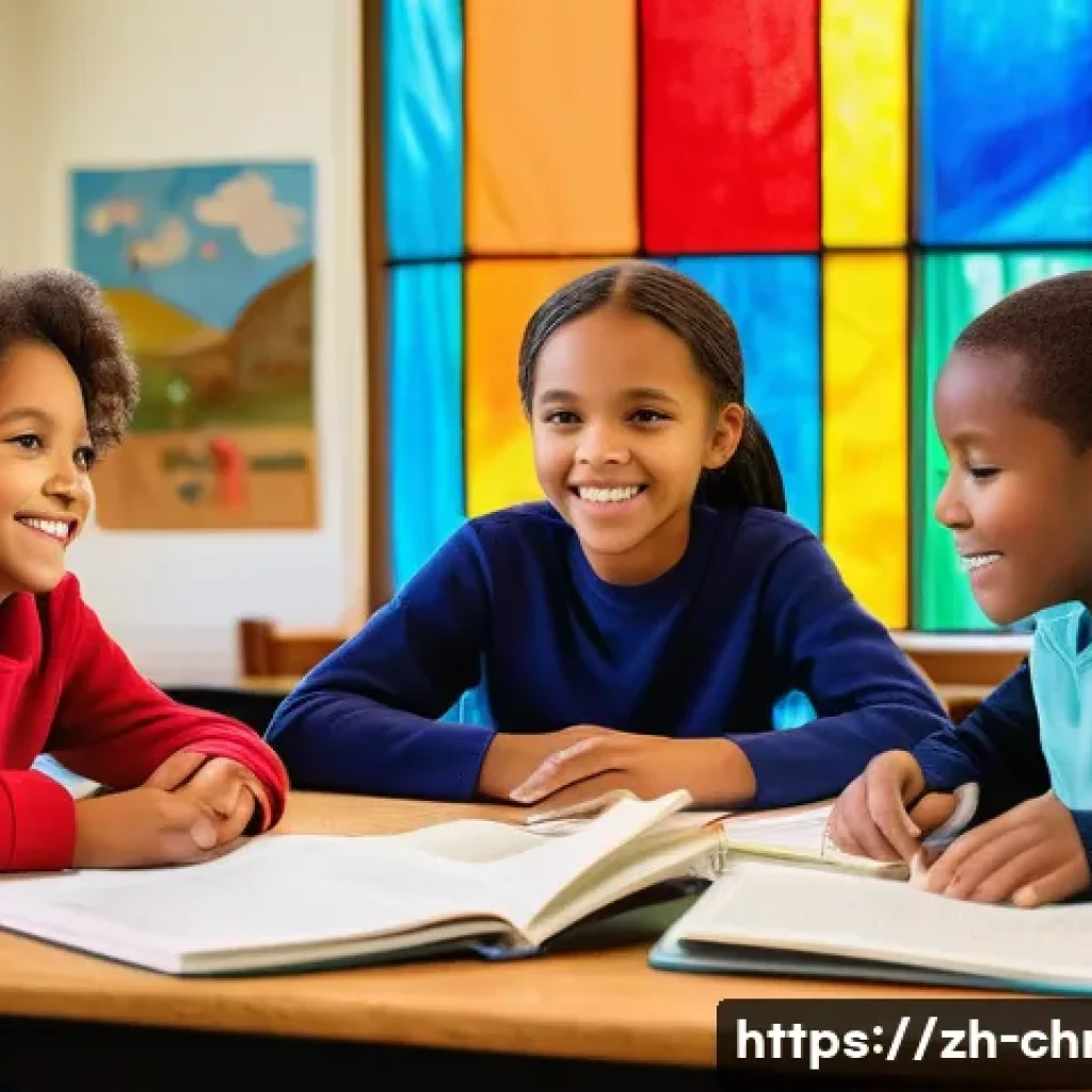 기독교 어린이 교육 - A warm and inviting church classroom scene featuring diverse children aged around 8-12, all wearing ...