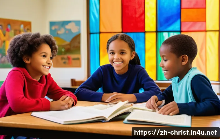 기독교 어린이 교육 - A warm and inviting church classroom scene featuring diverse children aged around 8-12, all wearing ...