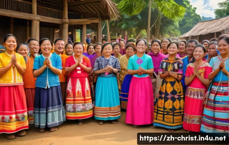 기독교와 문화 선교 - A vibrant scene of a multicultural Christian worship service in a Southeast Asian village, featuring...