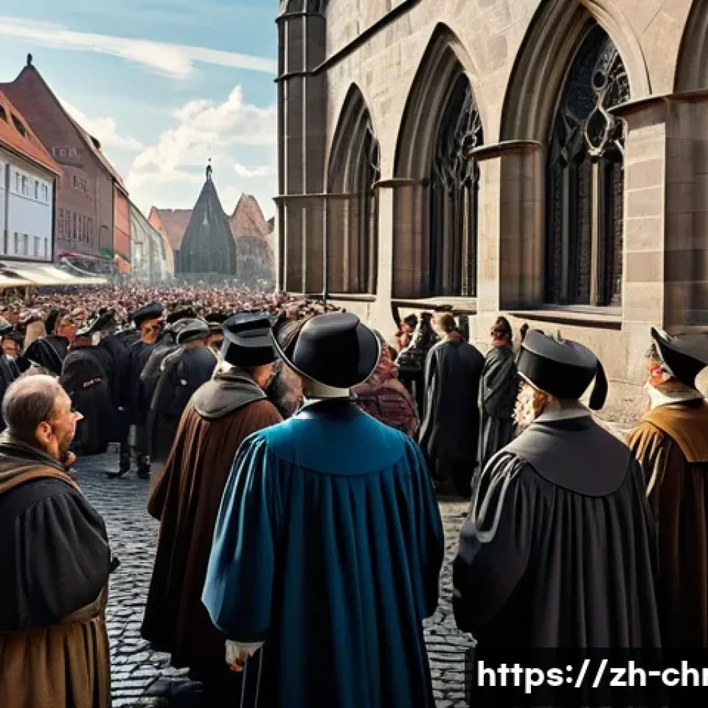 유럽 종교개혁의 인물들 - A detailed historical scene depicting Martin Luther in 16th-century Wittenberg, boldly nailing his N...