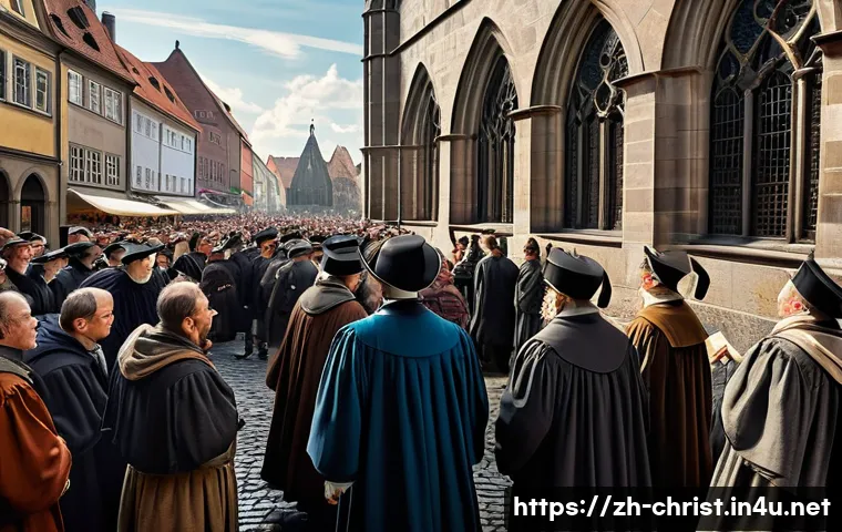유럽 종교개혁의 인물들 - A detailed historical scene depicting Martin Luther in 16th-century Wittenberg, boldly nailing his N...