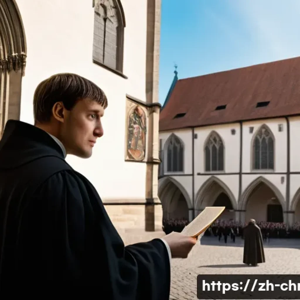 기독교 종교개혁 - A detailed historical scene depicting Martin Luther in 16th-century Wittenberg, Germany, nailing his...