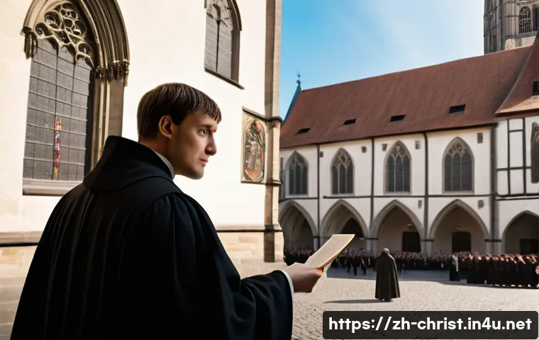 기독교 종교개혁 - A detailed historical scene depicting Martin Luther in 16th-century Wittenberg, Germany, nailing his...