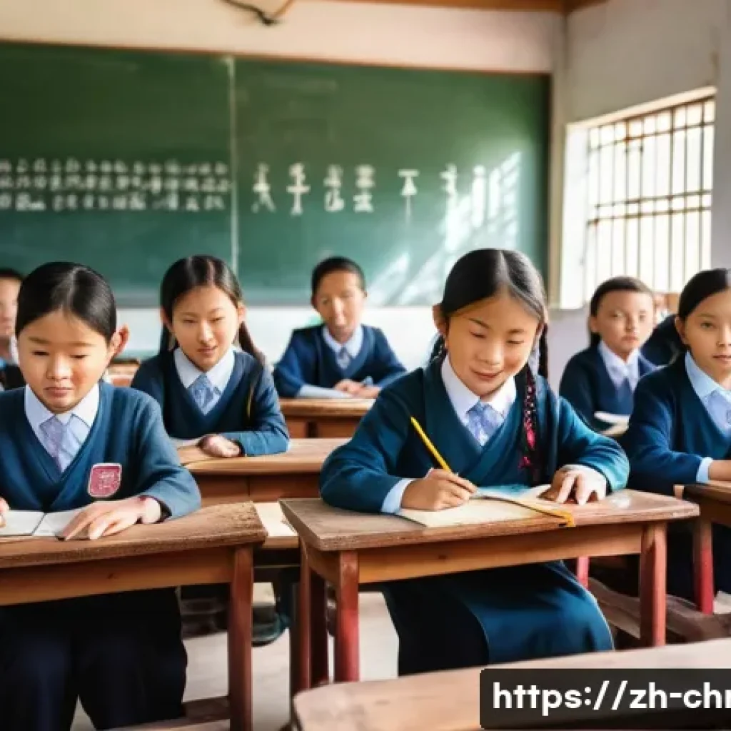 기독교 선교사의 역할 - A vibrant classroom scene in a remote rural area in China, featuring a diverse group of children wea...