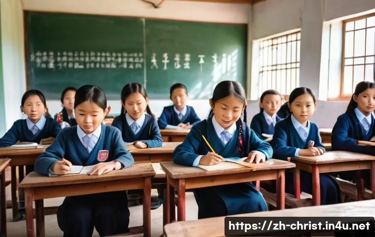 기독교 선교사의 역할 - A vibrant classroom scene in a remote rural area in China, featuring a diverse group of children wea...