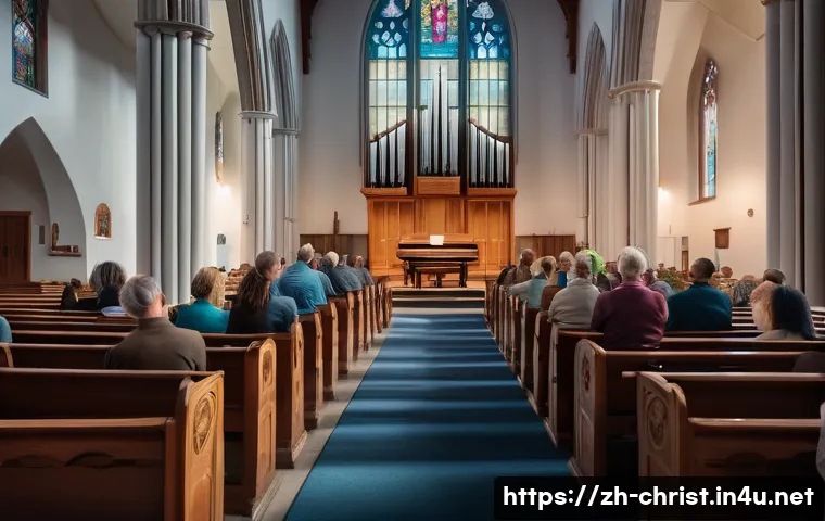 기독교 음악과 찬송가 - A serene church interior during a worship service, featuring a diverse congregation quietly singing ...