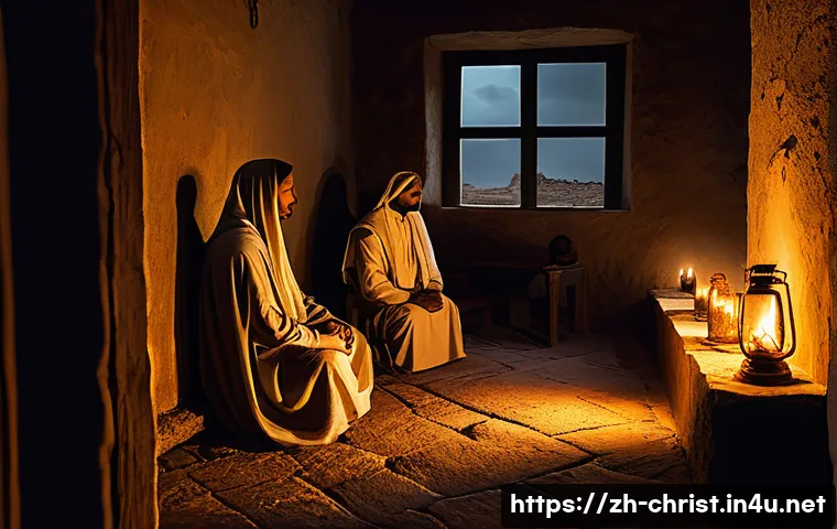 기독교 박해사 - An intimate early Christian secret gathering inside a modest Roman house, dimly lit by oil lamps, wi...