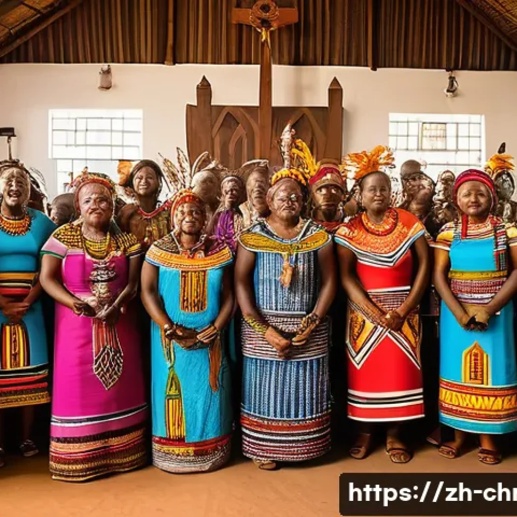 기독교와 지역문화 연구 - A vibrant African Christian church celebration blending traditional tribal culture: worshippers dres...