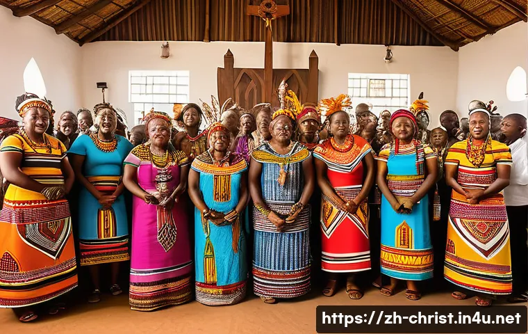 기독교와 지역문화 연구 - A vibrant African Christian church celebration blending traditional tribal culture: worshippers dres...
