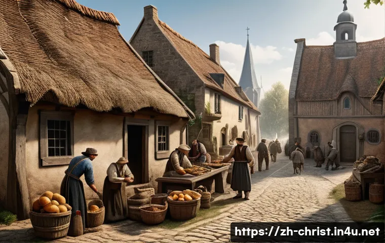 칼뱅주의 역사 - A detailed, realistic scene of a 17th-century European Calvinist village showing hardworking farmers...