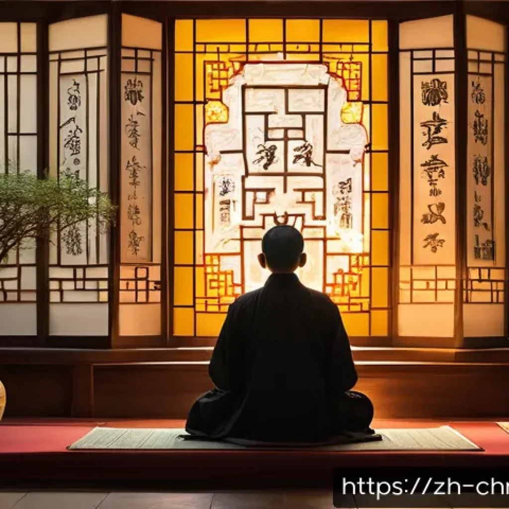 기독교의 신비주의 - A serene, mystical temple interior bathed in soft golden light filtering through ornate stained glas...