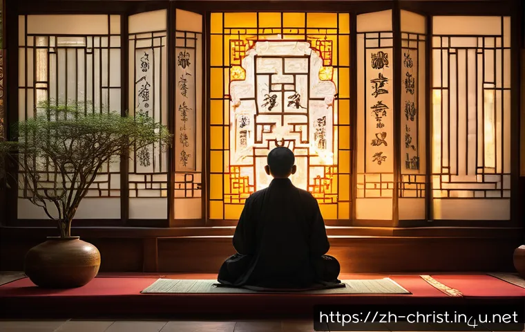 기독교의 신비주의 - A serene, mystical temple interior bathed in soft golden light filtering through ornate stained glas...