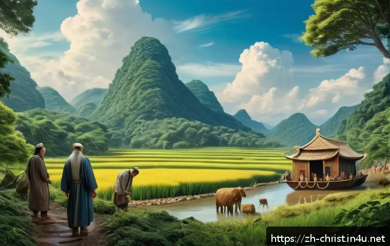 기독교와 성경퀴즈 - A detailed and vivid depiction of Noah&rsquo;s Ark construction scene in a lush, ancient landscape, showin...