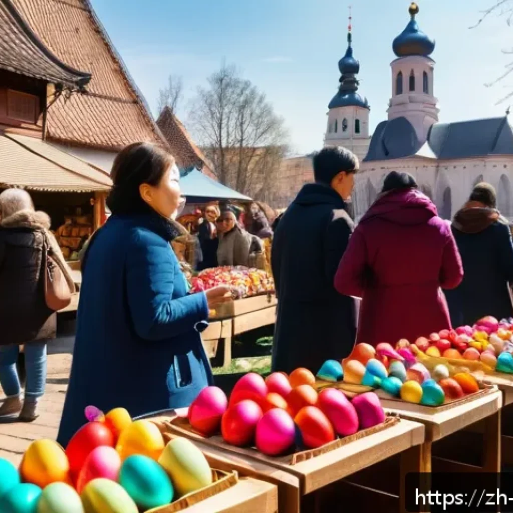 기독교의 주요 축일 - A vibrant European Easter market scene filled with colorful decorated eggs displayed on wooden stall...