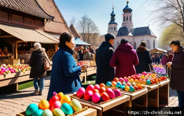 기독교의 주요 축일 - A vibrant European Easter market scene filled with colorful decorated eggs displayed on wooden stall...