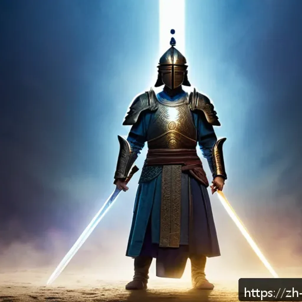 기독교의 영적 전쟁 - A serene spiritual warrior standing firm in a luminous battlefield of glowing light and shadow, wear...