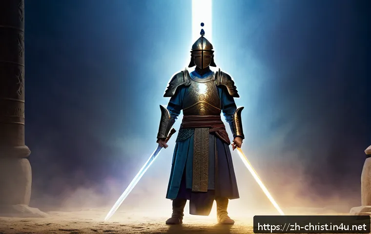 기독교의 영적 전쟁 - A serene spiritual warrior standing firm in a luminous battlefield of glowing light and shadow, wear...