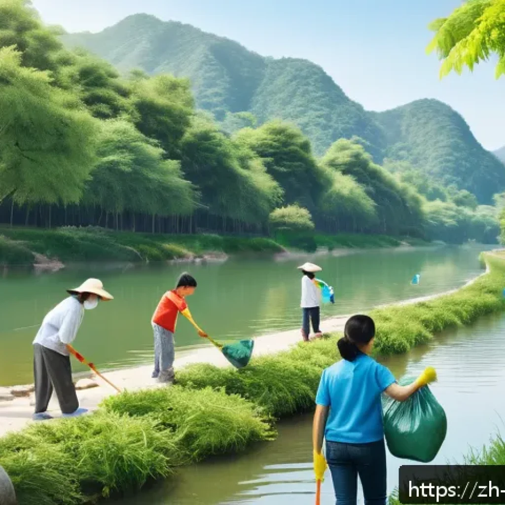기독교와 환경운동 - A serene church community participating in a riverside cleanup event on a bright sunny day, diverse ...