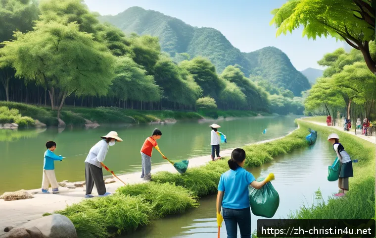 기독교와 환경운동 - A serene church community participating in a riverside cleanup event on a bright sunny day, diverse ...