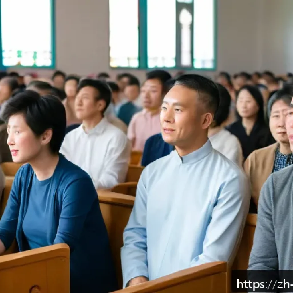 기독교와 행동 심리학 - A serene scene of a diverse Christian faith community gathered in a modern church hall for a Sunday ...