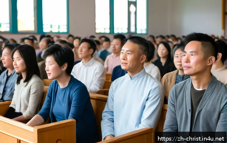 기독교와 행동 심리학 - A serene scene of a diverse Christian faith community gathered in a modern church hall for a Sunday ...