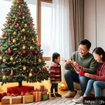 기독교의 성탄절 - A cozy indoor scene of a family decorating a Christmas tree in a modern Chinese living room, blendin...