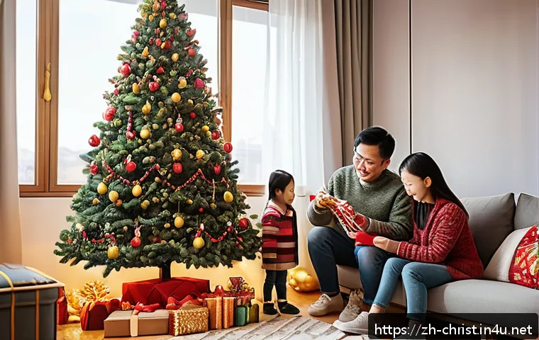 기독교의 성탄절 - A cozy indoor scene of a family decorating a Christmas tree in a modern Chinese living room, blendin...
