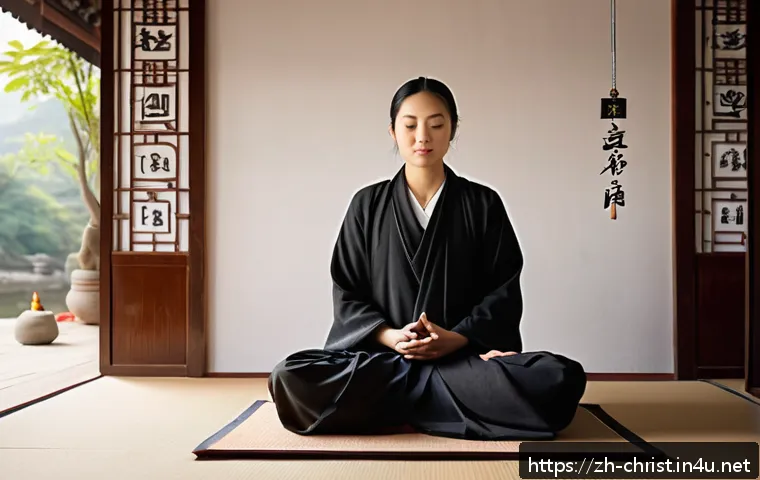 기독교와 불교의 만남 - A serene scene depicting a peaceful interfaith meditation space blending Christian and Buddhist elem...